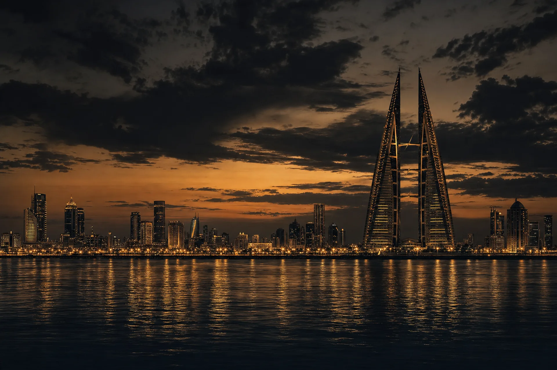 The Manama, Bahrain skyline at dusk with golden lights over the water