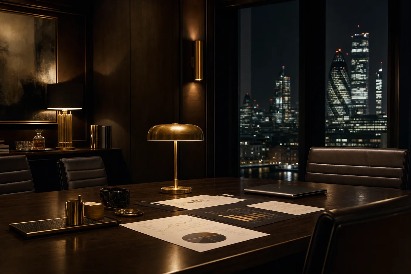 A dark boardroom at night with brass lamps and performance reports on the table